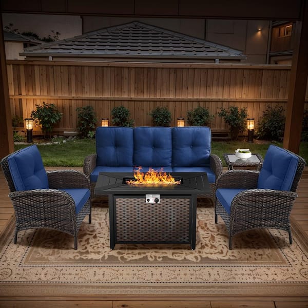 Brown 5-Piece Wicker Patio Fire Pit Set, Outdoor Sofa Seating Set with Olefin Navy Blue Cushions and Patio Armchairs