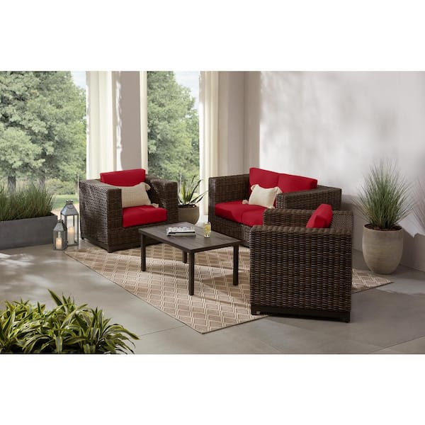 Hampton Bay Fernlake 4-Piece Brown Wicker Outdoor Patio Deep Seating Set with CushionGuard Chili Red Cushions