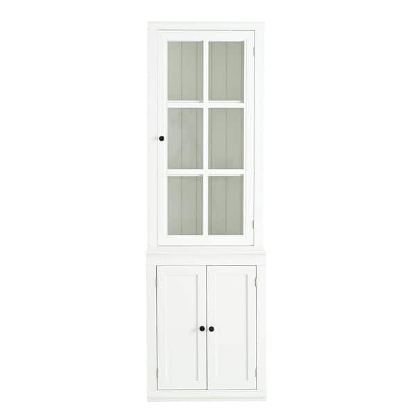75.25 in. Tall White Freestanding Pantry Cabinet: Glass Door and Lattice Window