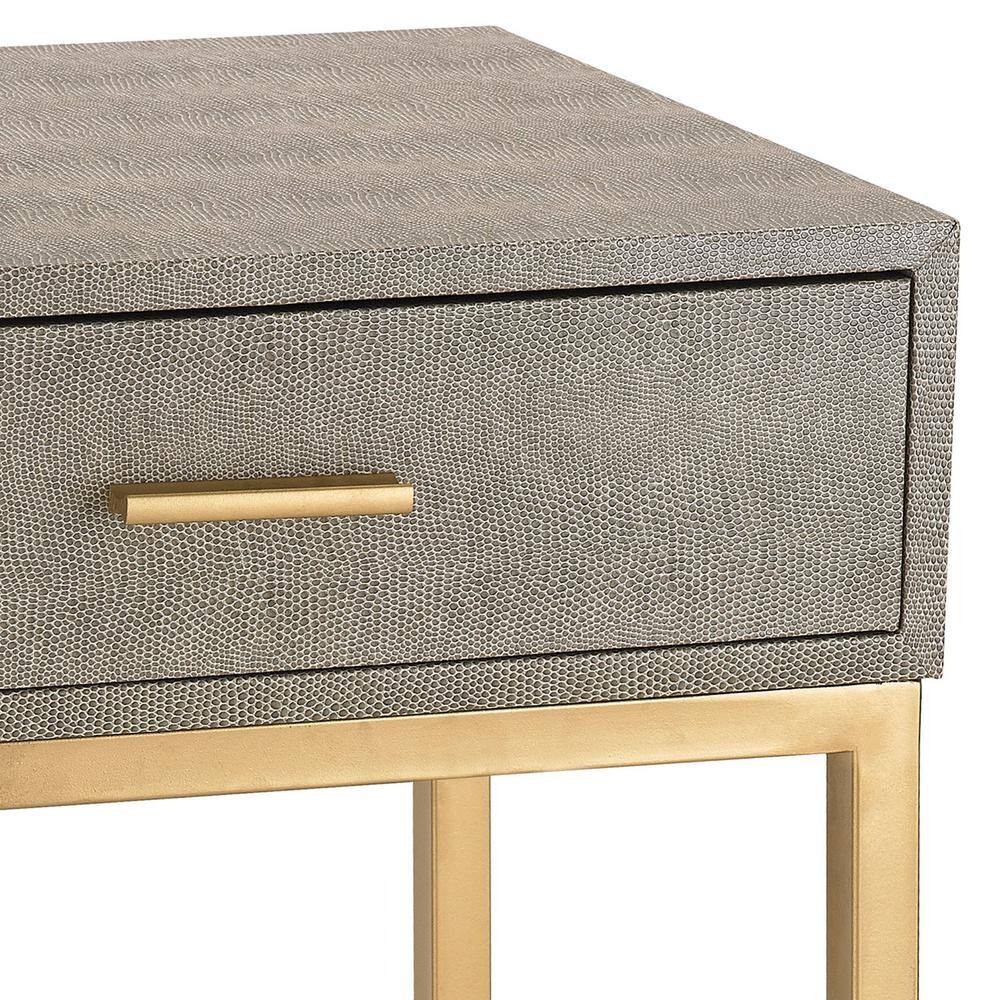 Gold Finish Faux Leather & Metal Side Table with Storage