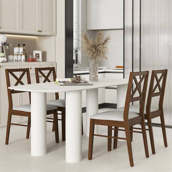 Brown Upholstered Seat Modern Dining Chair Armless Kitchen Chair with Rubber Wood Frame (Set of 2)
