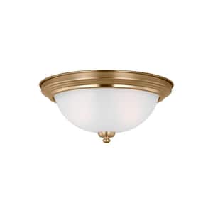 Geary 12.5 in. 2-Light Satin Brass Traditional Contemporary Ceiling Flush Mount with Satin Etched Glass Shade