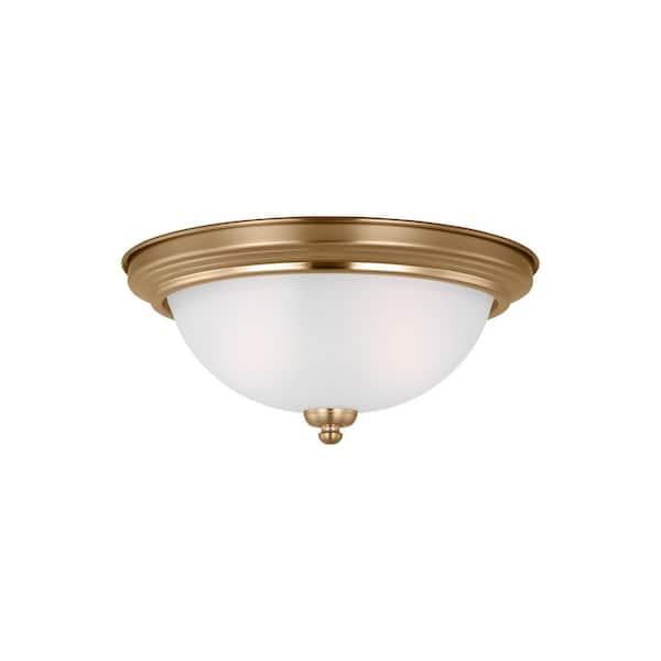 Generation Lighting Geary 12.5 in. 2-Light Satin Brass Traditional Contemporary Ceiling Flush Mount with Satin Glass Shade and LED Bulbs