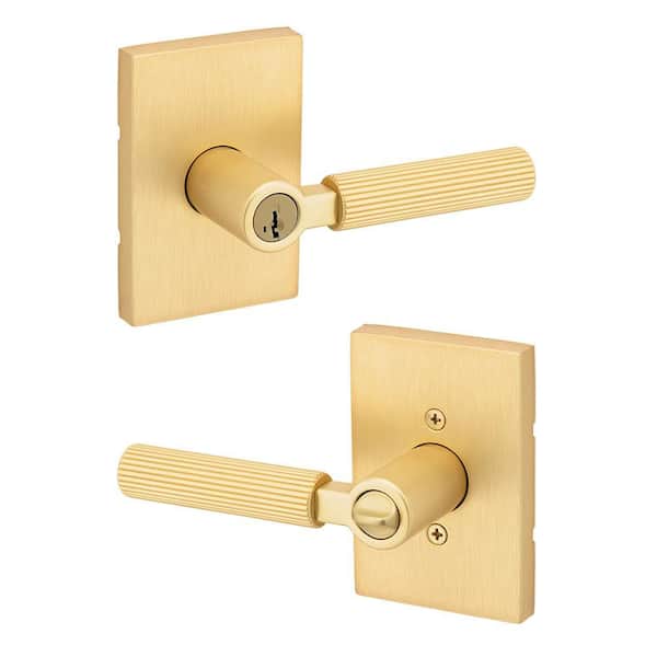 Mirada Satin Brass Rectangle Keyed Entry Door Handle Featuring SmartKey Security
