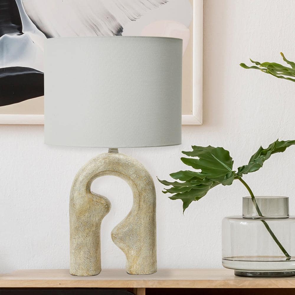 Modern Distressed Natural Resin Table Lamp with Linen Drum Shade