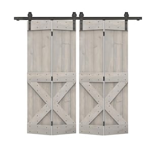 40 in. x 84 in. Mini X Series Silver Gray Stained DIY Wood Double Bi-Fold Barn Doors with Sliding Hardware Kit