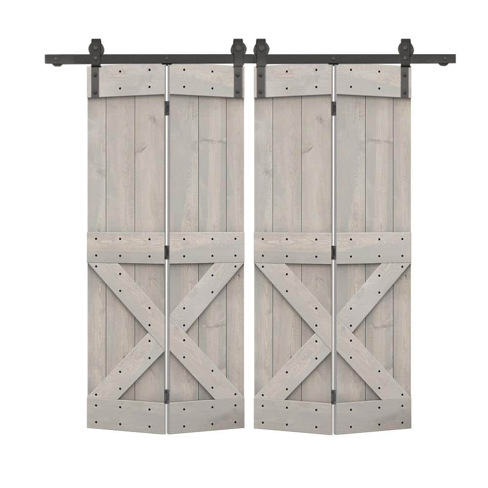 68 in. x 84 in. Mini X Solid Core Silver Gray Stained DIY Wood Double Bi-Fold Barn Doors with Sliding Hardware Kit price history on PriceWatchPro