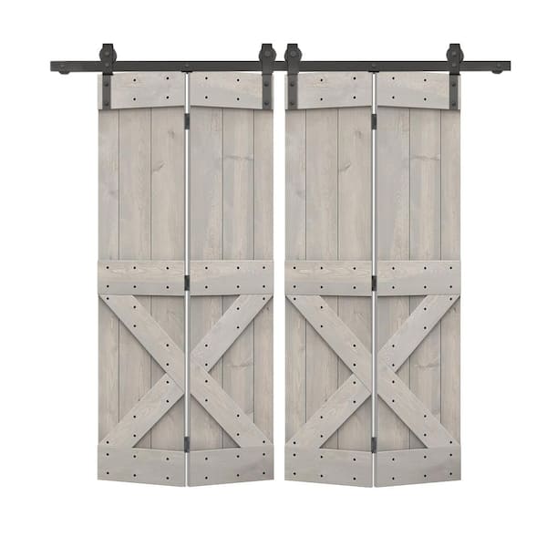CALHOME 68 in. x 84 in. Mini X Solid Core Silver Gray Stained DIY Wood Double Bi-Fold Barn Doors with Sliding Hardware Kit