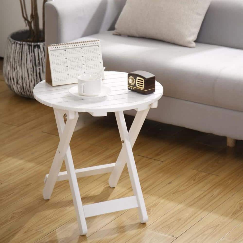 White Round Wood Outdoor Folding Side Table