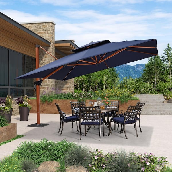 PURPLE LEAF 12 ft. Square High-Quality Wood Pattern Aluminum Cantilever Polyester Patio Umbrella with Base Plate, Navy Blue