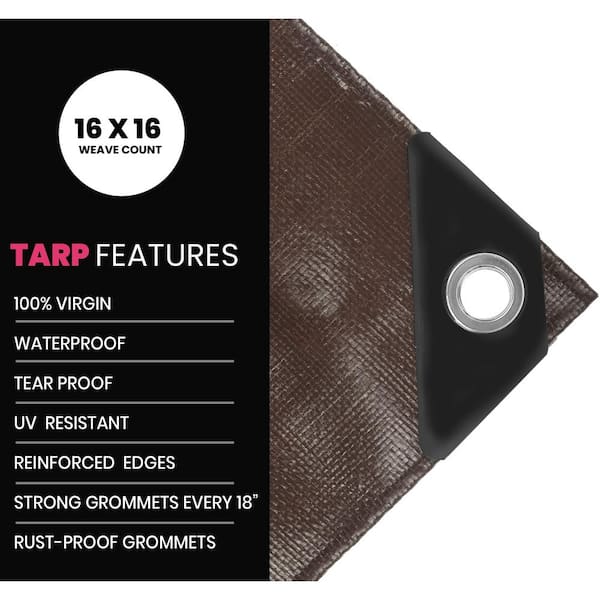 10' x 10' Super Heavy Duty 16 Mil Brown Poly Tarp Cover - Thick Waterproof,  UV Resistant, Rip and Tear Proof Tarpaulin with Grommets and Reinforced