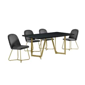 Aurelio 5-Piece Rectangle Black Wooden Top Dining Set with Dark Gray Velvet Fabric Chairs