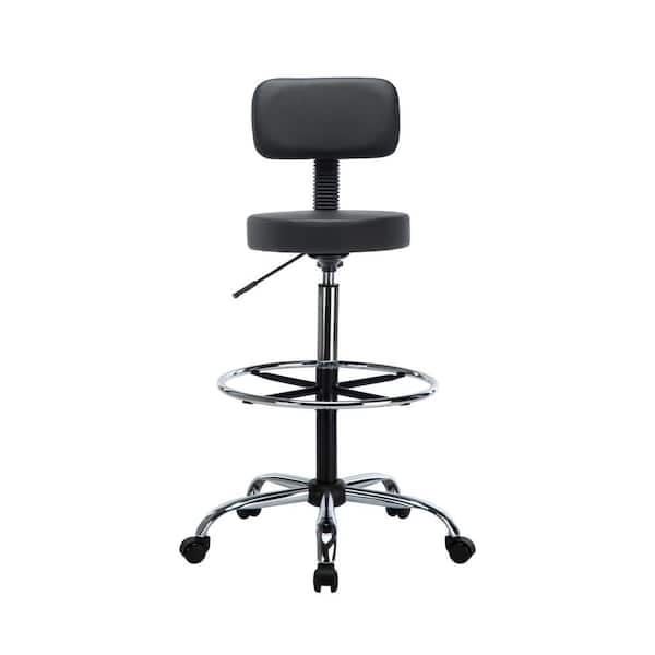 Adjustable Drafting Leather Chair Office stool Multipurpose Stool Chair Tall Vanity Stool with Footrest in Black