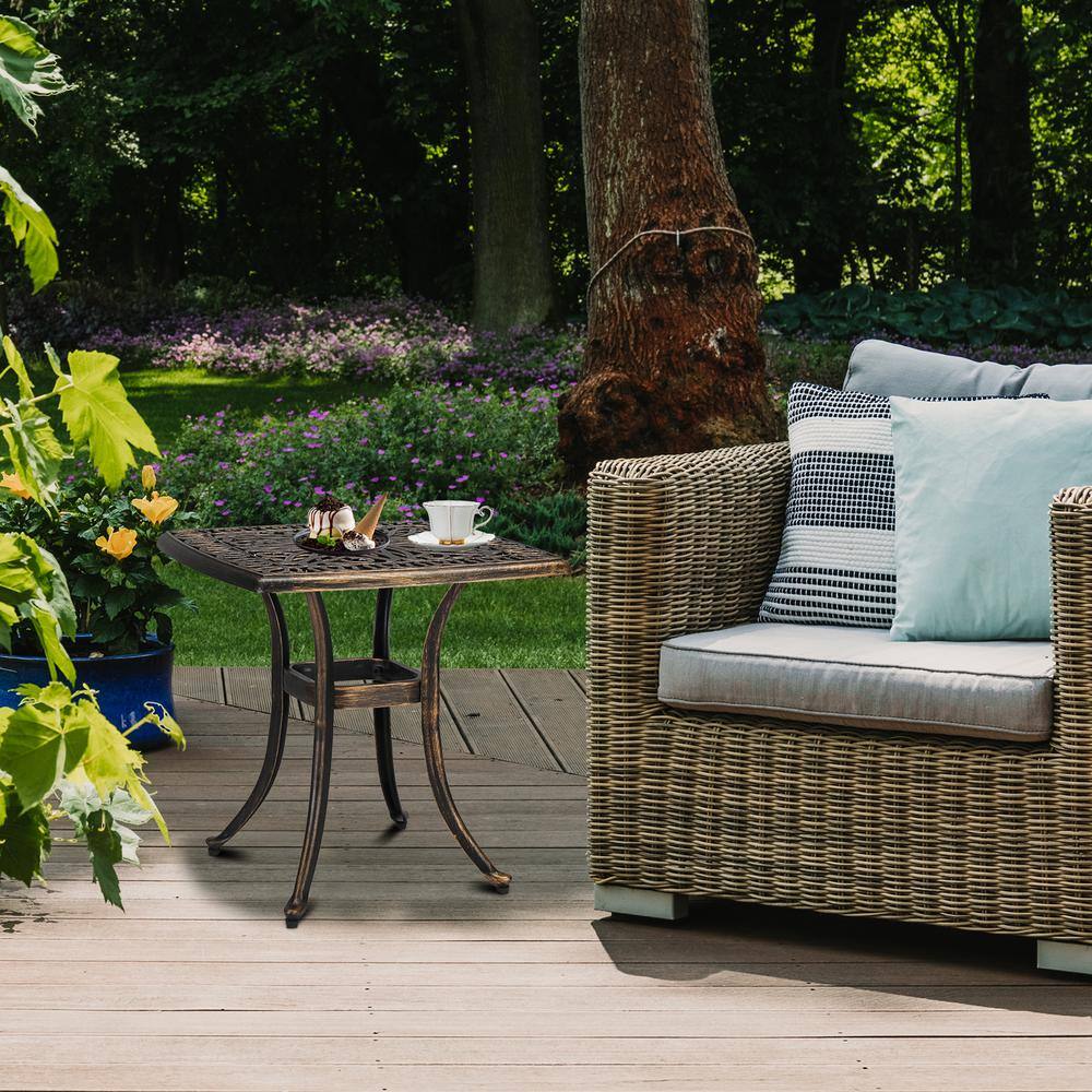 Bronze Square Aluminum Outdoor Side Table with Cut-Out Design