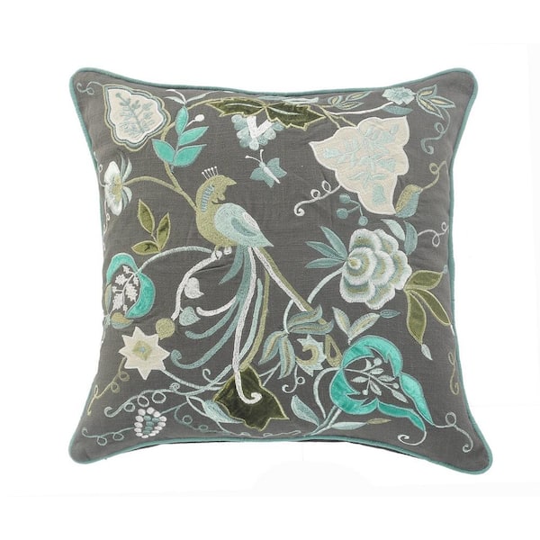 Unbranded Peacock Gray/Multi-Color Floral Garden Royal Poly-Fill 20 in. x 20 in. Throw Pillow