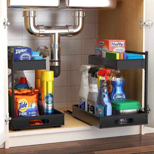 Under Sink Organizer with Sliding Tracks and Adhesive Tape, Black Metal Pull-Out Organizer, 2-Tier Sink Storage 2-Pack