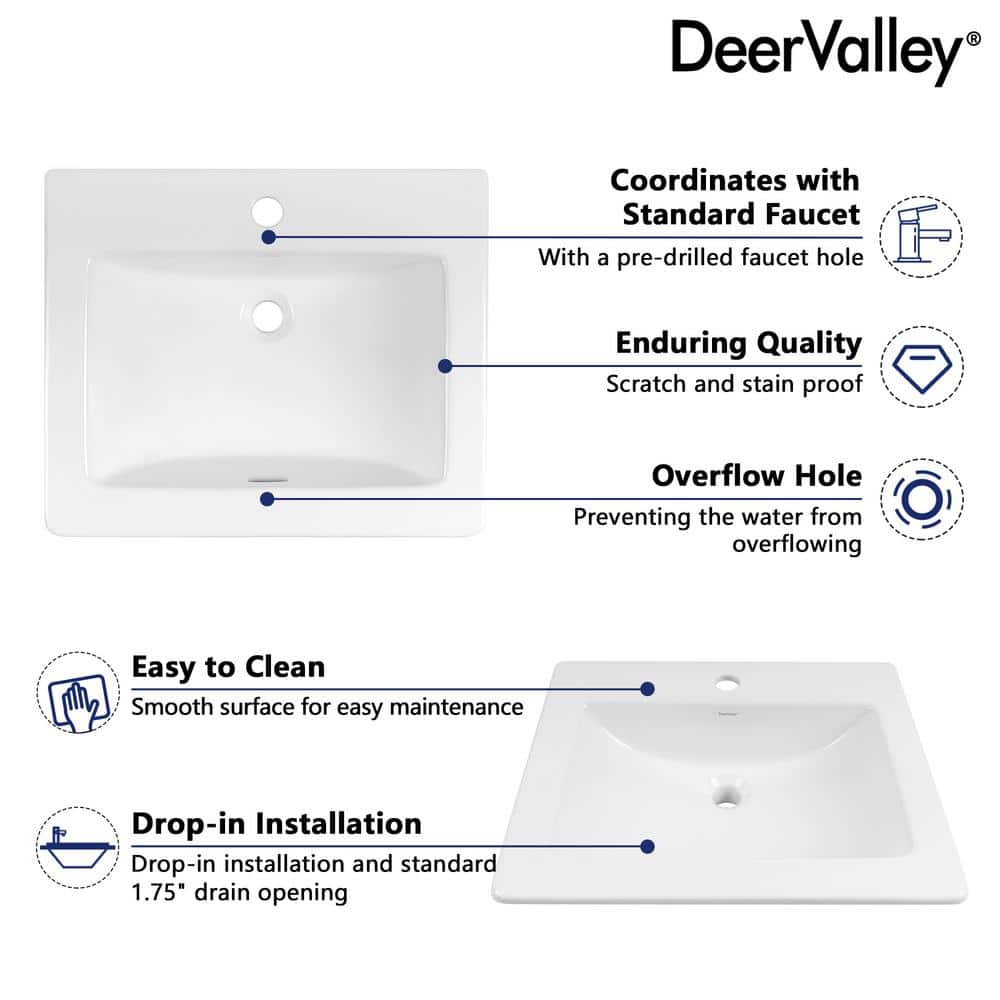 21'' White Gloss Ceramic Rectangular Drop-In Bathroom Sink
