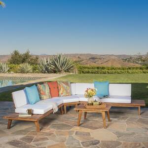 Paislee 4-Piece Wood Outdoor Sectional Set with White Cushions
