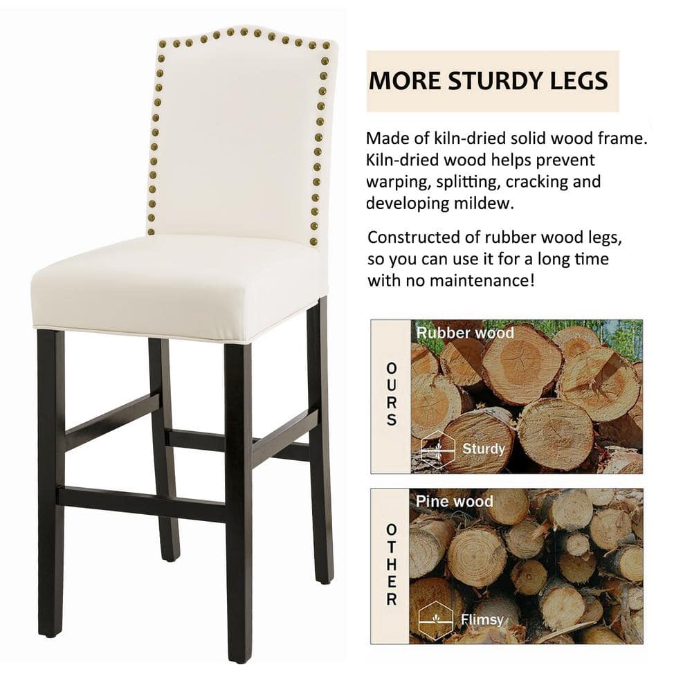 Set of 2 Cream White Leatherette Studded Barstools with Wood Legs