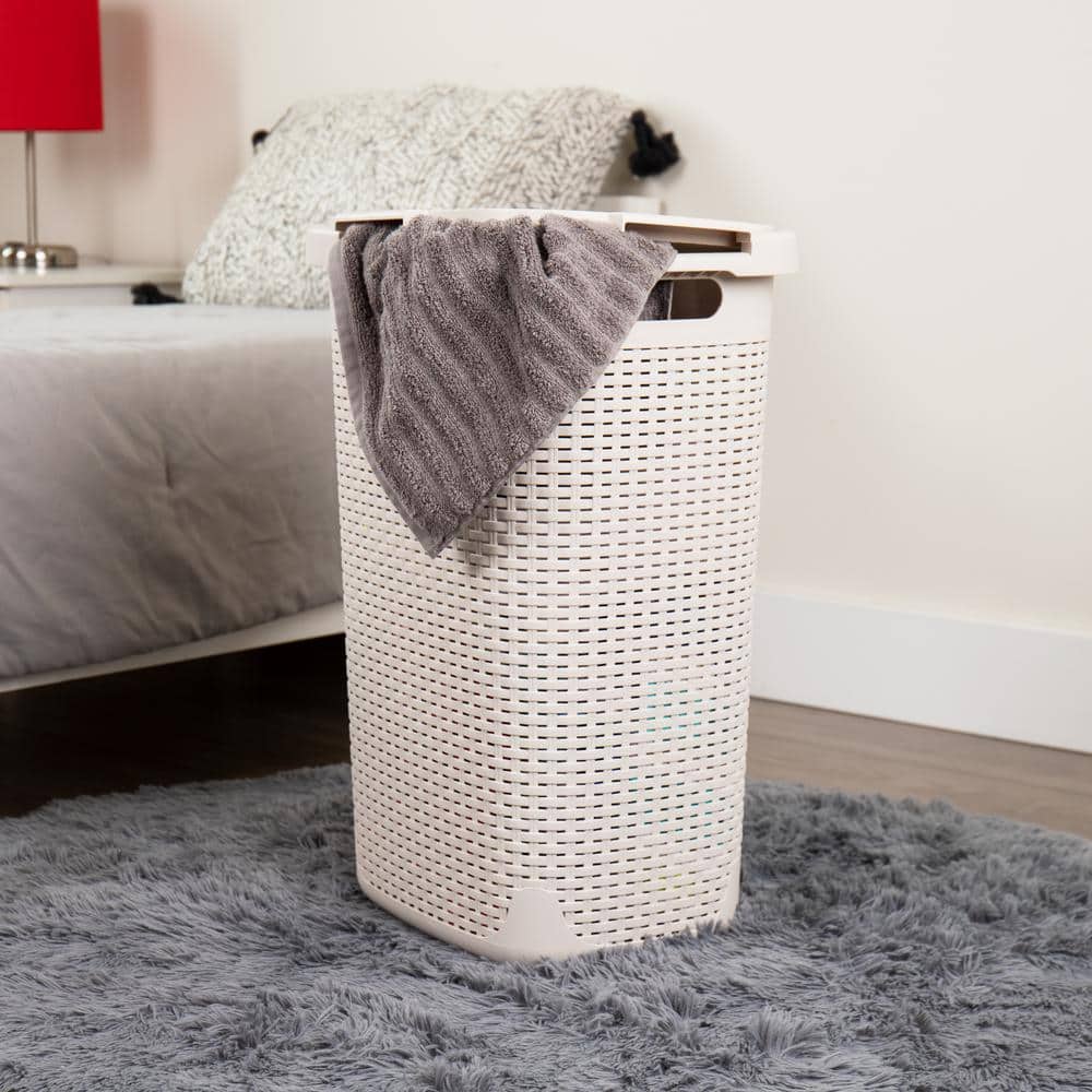Ivory Plastic Wicker Collapsible Laundry Hamper with Wheels and Lid