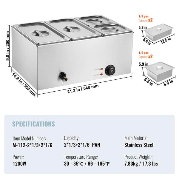 4-Pan Commercial Food Warmer, 16.4 qt. Electric Steam Table, 1200W Professional Countertop Stainless Steel Buffet Bain