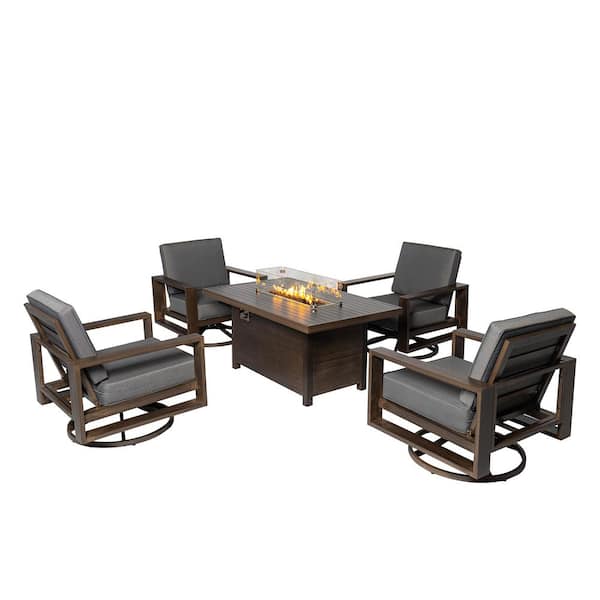 PATIOPTION 5-Piece Aluminum Patio Conversation Set with Gray Cushions and 55.12 in. Fire Pit Table - 4 Swivel