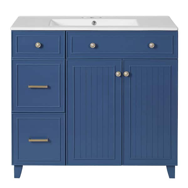 36 in. Freestanding Blue Bath Vanity with White Ceramic Top Unassembled