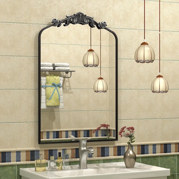 Apmir 20 in. W x 32 in. H Arch Aluminum Alloy Framed French Cleat Mounted Baroque Wall Decor Bathroom Vanity Mirror in Black