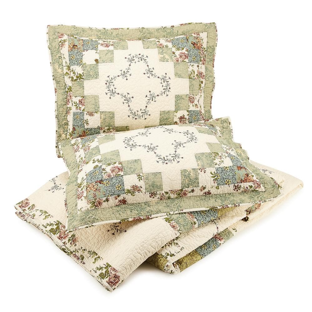 Olivia Green and Cream Cotton Queen Bedspread with Floral Embroidery