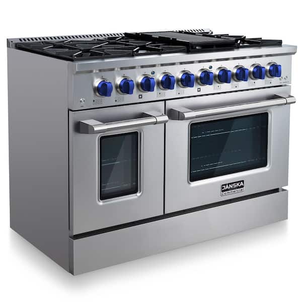 Professional 48 in. 6.7 cu. ft. 8-Burners Double Oven Gas Range with Griddle in Stainless Steel with 2-Sets of Knobs