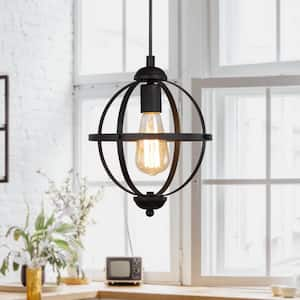 Industrial 1-Light Matte Black Globe Pendant Light with Metal Cage Shade and No Bulb Included