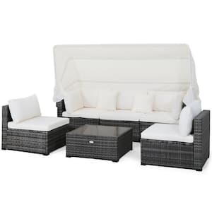 6-Piece Wicker Patio Conversation Set Retractable Canopy Furniture Set with Off White Cushions