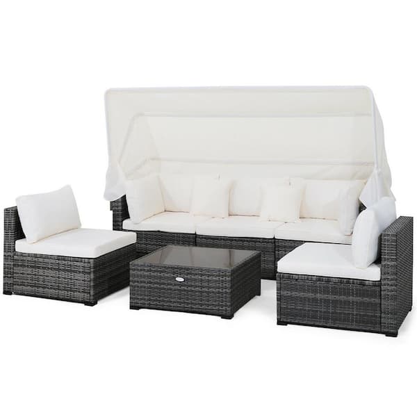ANGELES HOME 6-Piece Wicker Patio Conversation Set Retractable Canopy Furniture Set with Off White Cushions