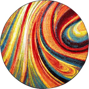 Splash Red/Blue 6 ft. Abstract Round Area Rug