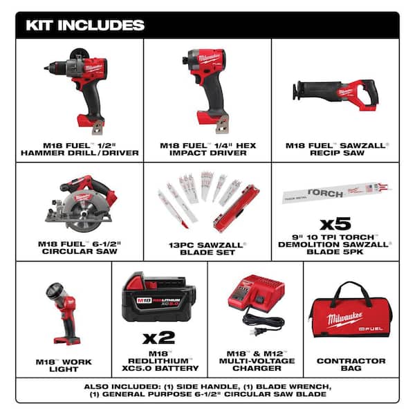 M18 FUEL 18V Lithium-Ion Cordless Combo Kit (5-Tool) w/ 2 5.0 Ah Batteries, Charger & SAWZALL Blades (18-PC)