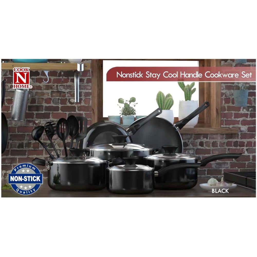 8-Piece Black Nonstick Aluminum Cookware Set with Stay-Cool Handles