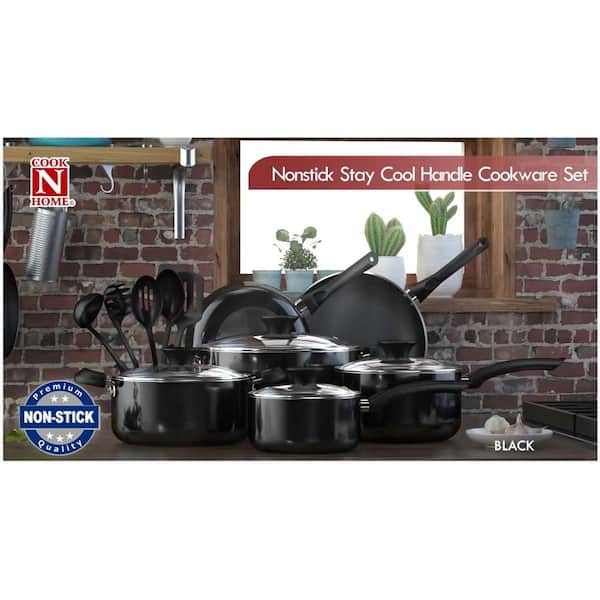 Cook N Home Basics Pots and Pans Cooking, 15-Piece Nonstick Cookware Set,  Black