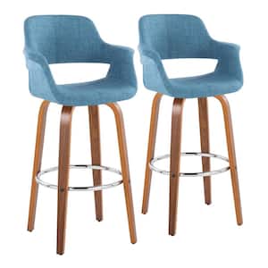 Vintage Flair 29.25 in. Blue Fabric, Walnut Wood and Chrome Metal Fixed-Height Bar Stool Round Footrest (Set of 2)