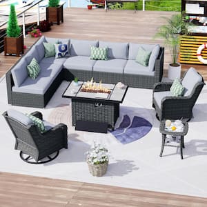 HOPPISH Gray 10-Piece Wicker Patio Rectangle Fire Pit Conversation Set with Gray Cushions and Swivel Chairs