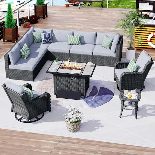 OVIOS HOPPISH Gray 10-Piece Wicker Patio Rectangle Fire Pit Conversation Set with Gray Cushions and Swivel Chairs
