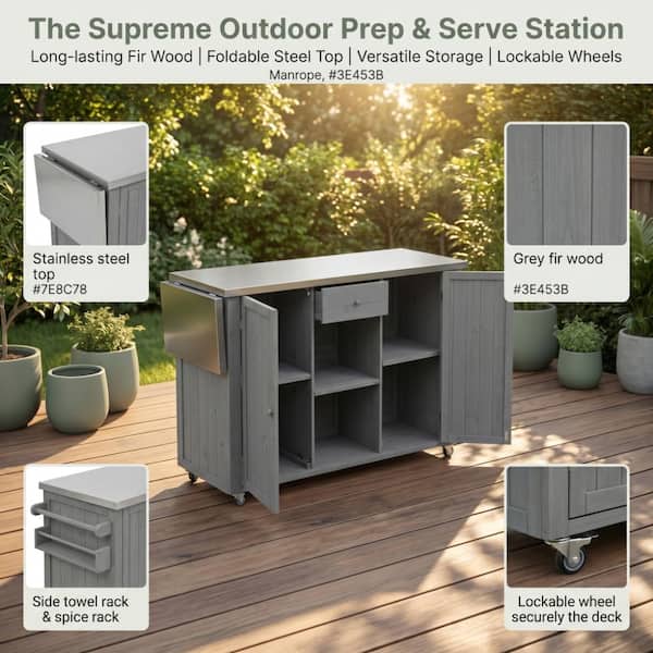 Ridstar Grey Wood Outdoor Grill Cart, BBQ Kitchen Cart with