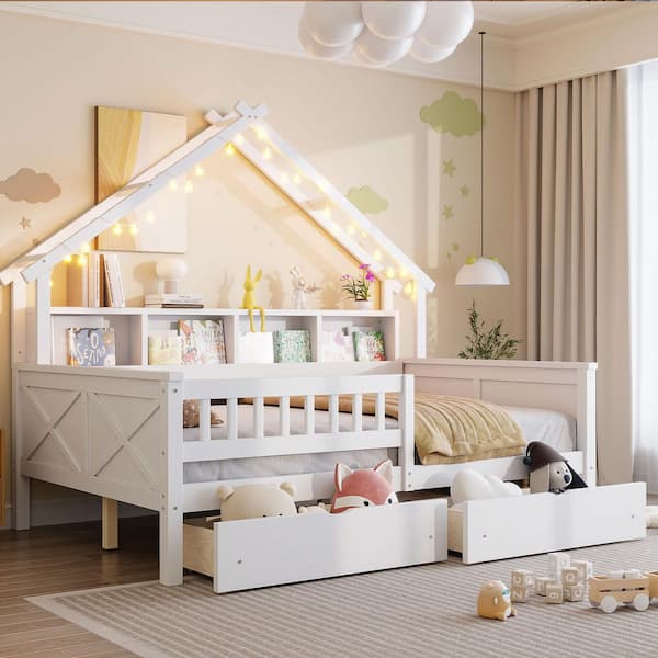 White Wood Frame Full Size House Platform Beds with LED, Storage Shelves, 2 Drawers