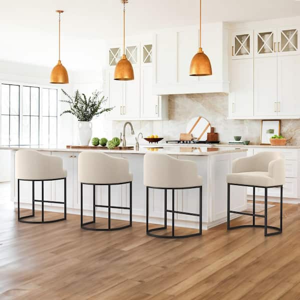 35.2 in. Modern Linen Fabric Upholstered Barrel Counter Stool with Black Metal Frame Counter Height Bar Stool Set of 4