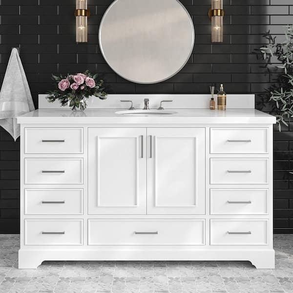 ARIEL Stafford 61 in. W x 22 in. D x 36 in. H Single Sink Freestanding Bath Vanity in White with Pure White Quartz Top
