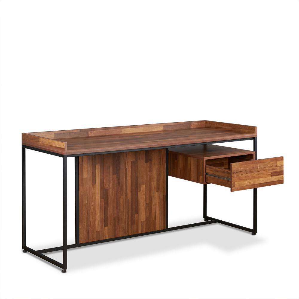 Walnut and Black Wood Desk with Drawer and Metal Frame