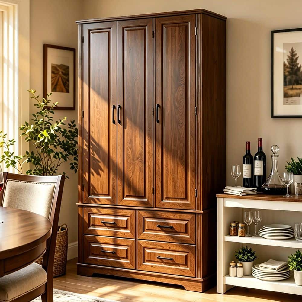 72.1 in. Walnut Brown Kitchen Pantry Accent Storage Cabinet with 3 Pull Out Tray, 5 Door Shelves, Adjustable Shelves