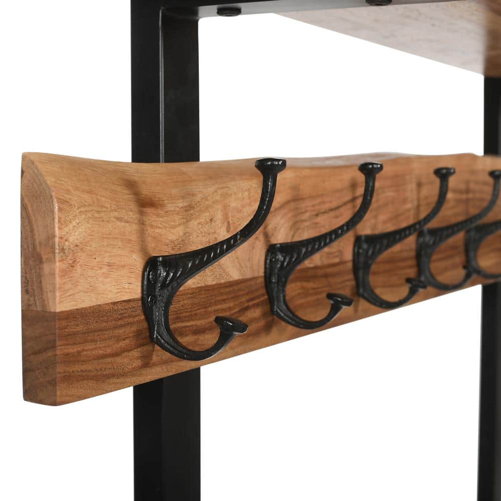 Natural Acacia Wood Hall Tree with Metal Hooks and Shelves