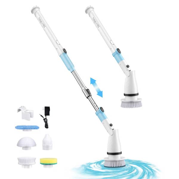 Blue - White Cordless Electric Sweepe Spin Scrubber (5 Replaceable Heads, 450 RPM, Adjustable Telescopic Handle)