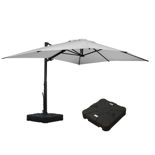 Mondawe 10 ft. x 13 ft. Aluminum Cantilever Outdoor Tilt Patio Umbrella in Gray with LED Light, Base Weight Stand