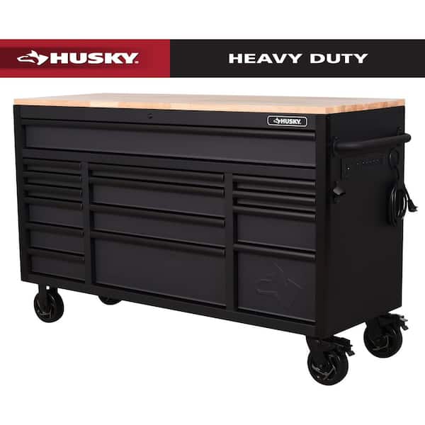 Heavy-Duty 61 in. W x 23 in. D 15-Drawer Matte Black Mobile Workbench Cabinet with Solid Wood Top